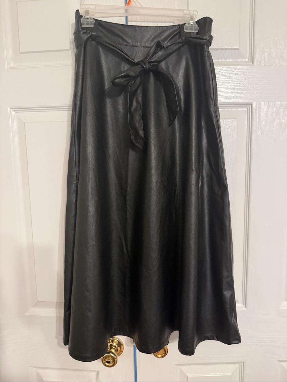 Who What Wear Black Faux Leather A-Line Midi Skirt with Tie Waist